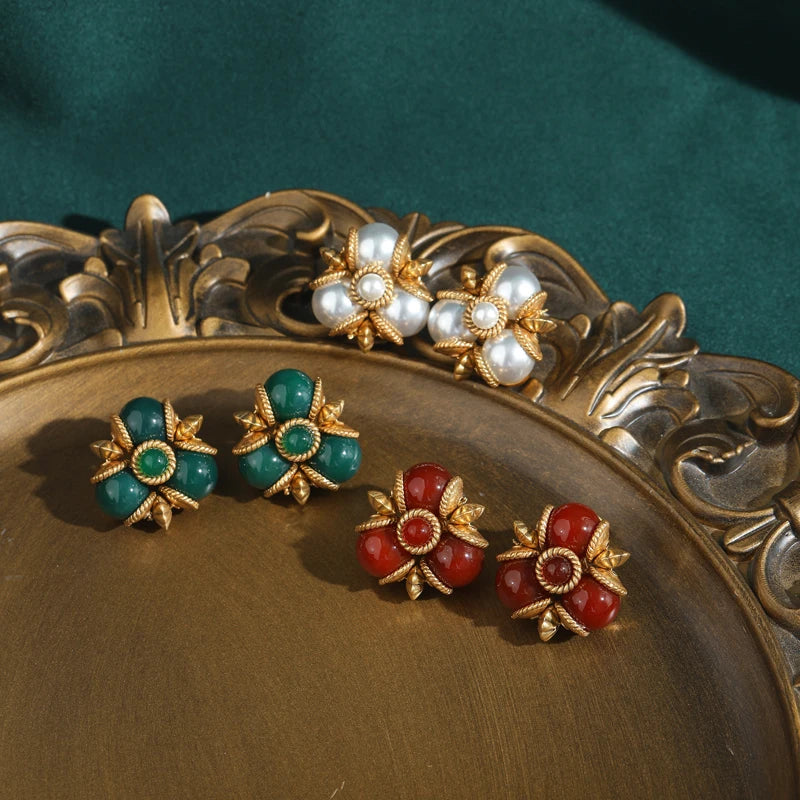 Art Deco Red Glazed Leaf Earrings – Triple Studs with Gold-Toned Floral Detail