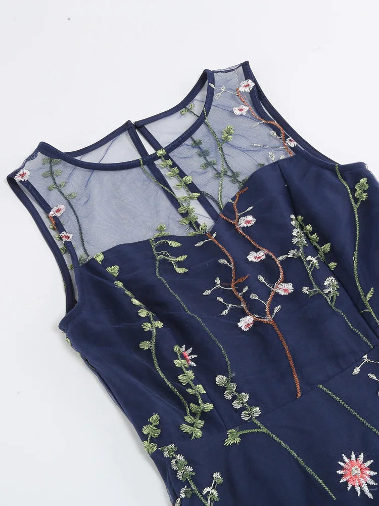 Elegant 1950s Vintage Floral Embroidered Mesh Swing Dress - Illusion Neckline