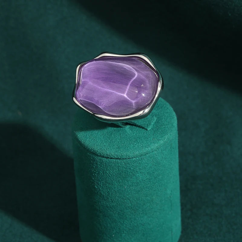 Retro Hollywood Oversized Purple Glass Ring – Sculptural Statement Cocktail Piece