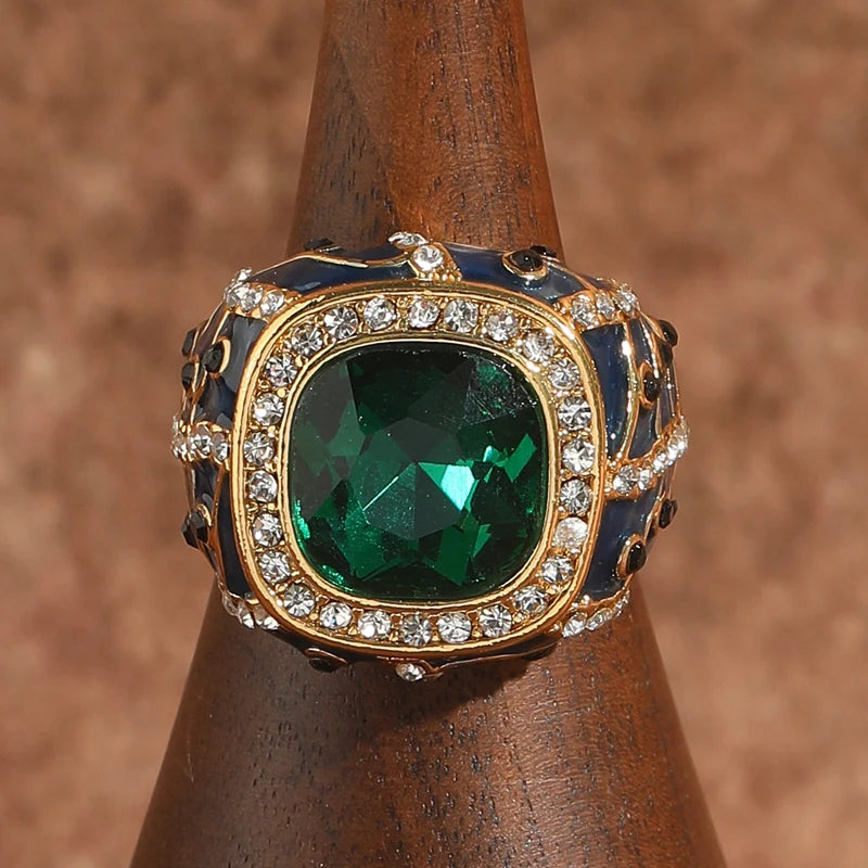 Vintage Green Crystal & Blue Enamel Gold-Plated Statement Ring – Adjustable