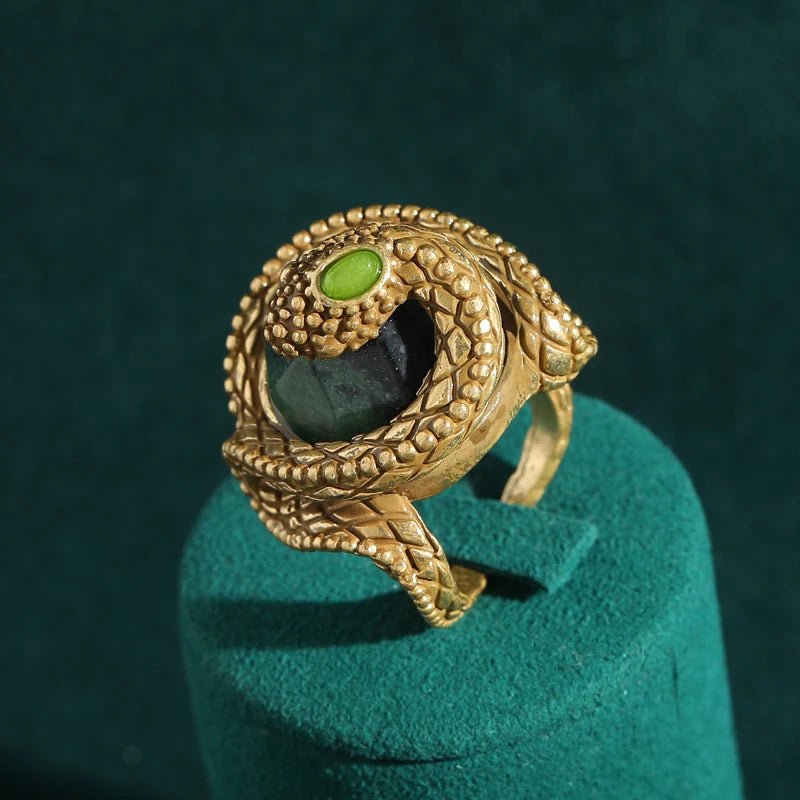 Vintage Big Gold Plated Snake Ring - Natural Stone Inlay