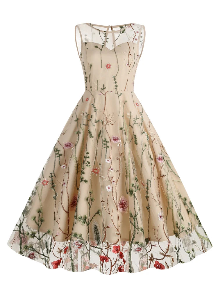 Elegant 1950s Vintage Floral Embroidered Mesh Swing Dress - Illusion Neckline