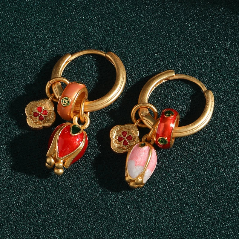 Vintage Gold & Enamel Tulip Drop Hoop Earrings - Natural Stone Accents