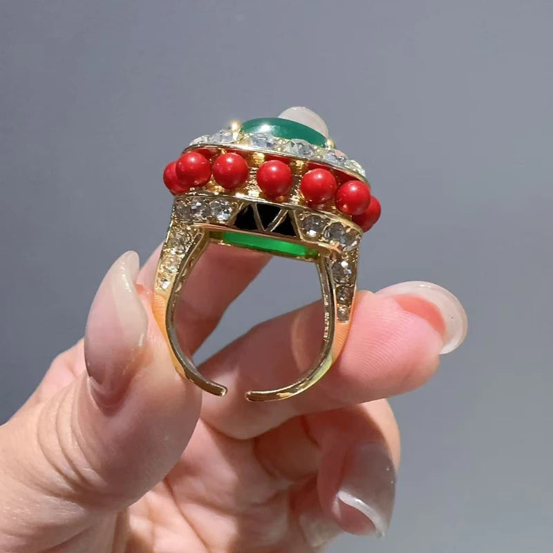 Royal Emerald & Coral Statement Ring – 18K Gold-Plated Copper