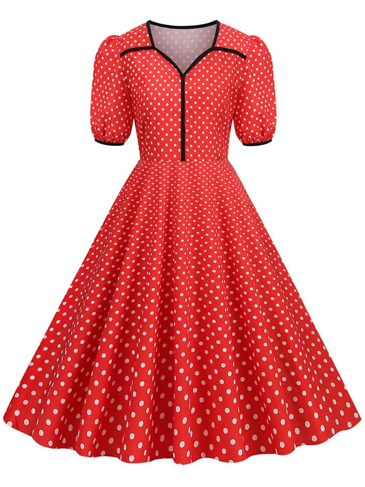 Vintage Polka Dot Swing Dress - Polyester Retro Rockabilly Dress