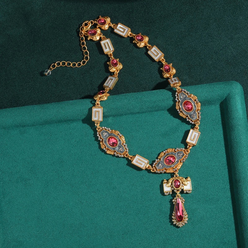 Vintage Palace Pink Crystal Pendant Necklace – 1950s Royal Enamel Glam