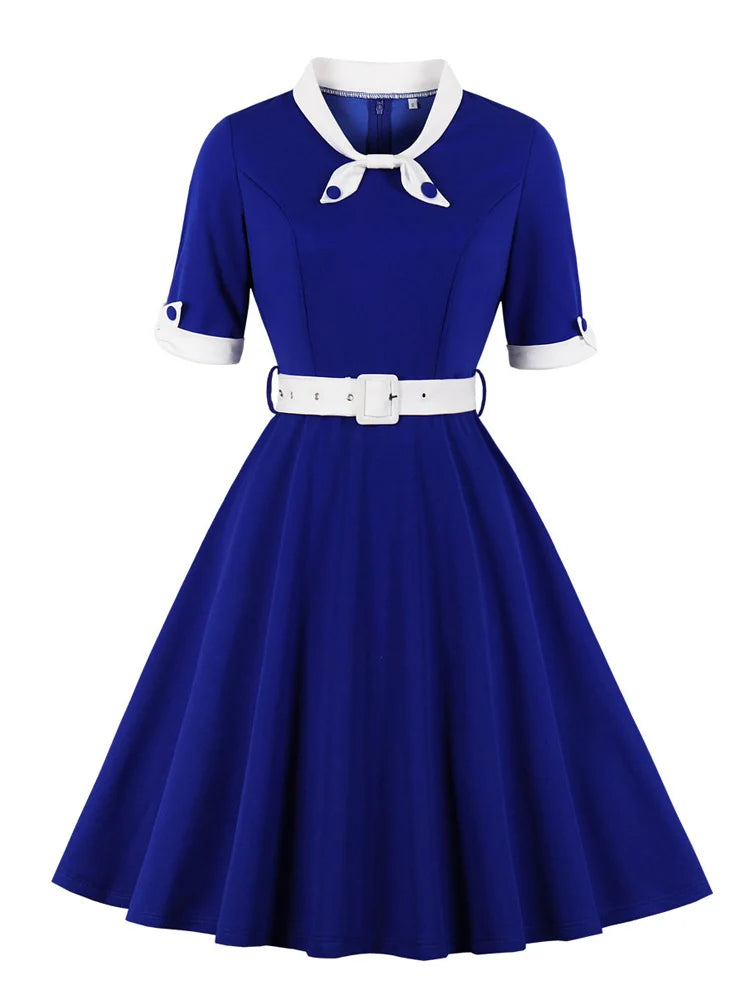 Elegant Vintage Style Belted Swing Dress - Multiple Colors!