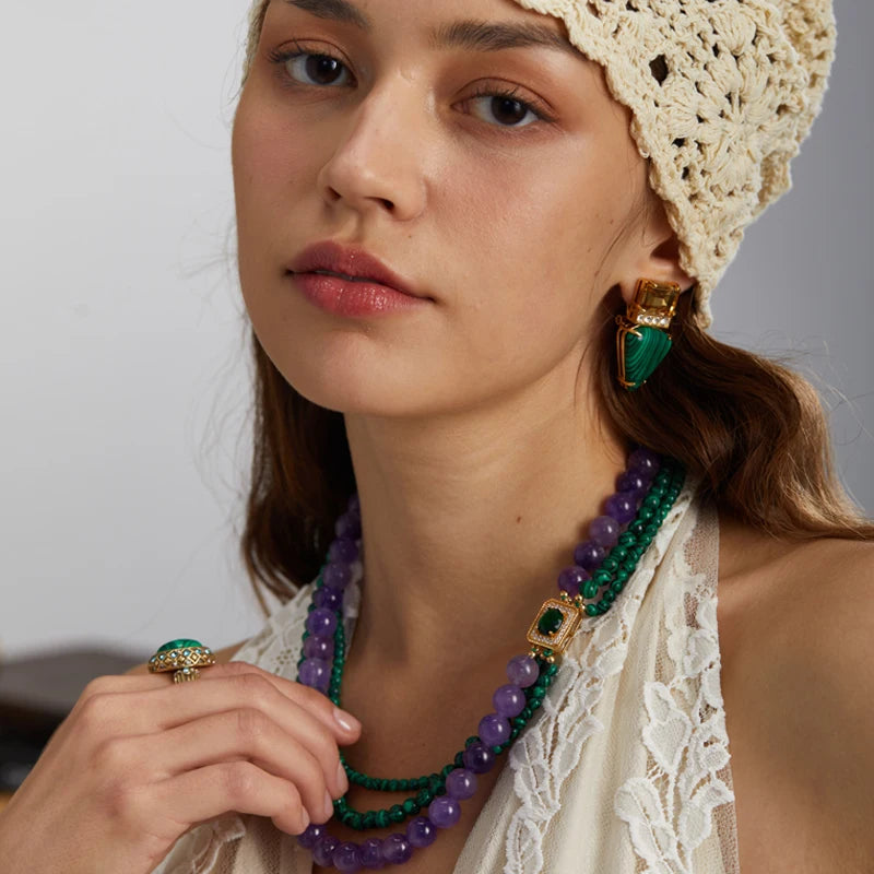 Vintage Green Malachite Beads Necklace – Layered Earth & Crystal Charm