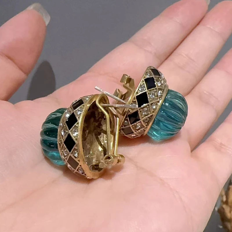 1950s Retro Hollywood Pumpkin Blue Earrings – Glazed Resin & Rhinestone Studs