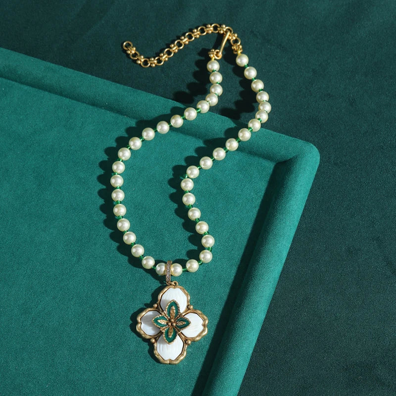 Retro Hollywood Freshwater Pearl Clover Necklace – Enamel & Rhinestone Pendant