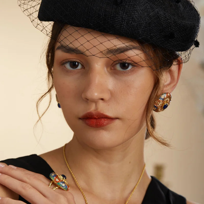 Art Deco Oval Enamel Earrings – Carved Floral Studs with Blue Glaze