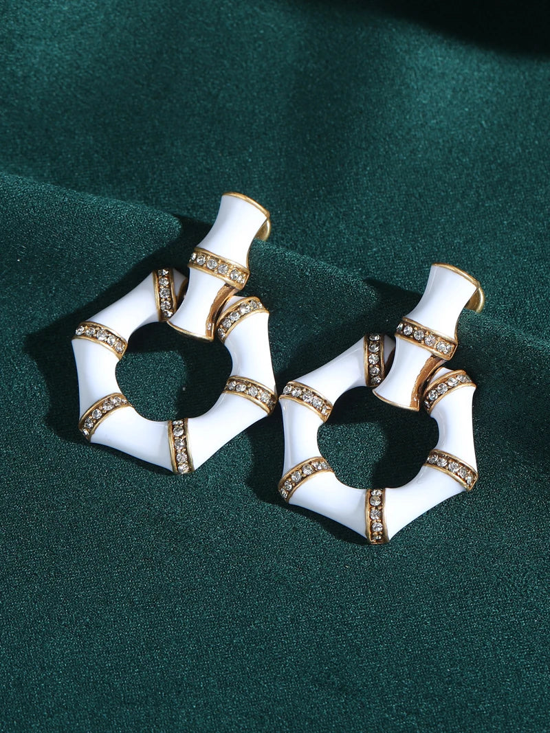 Vintage White Enamel Bamboo Hoop Gold Plated Earrings - Natural Stone Inlay