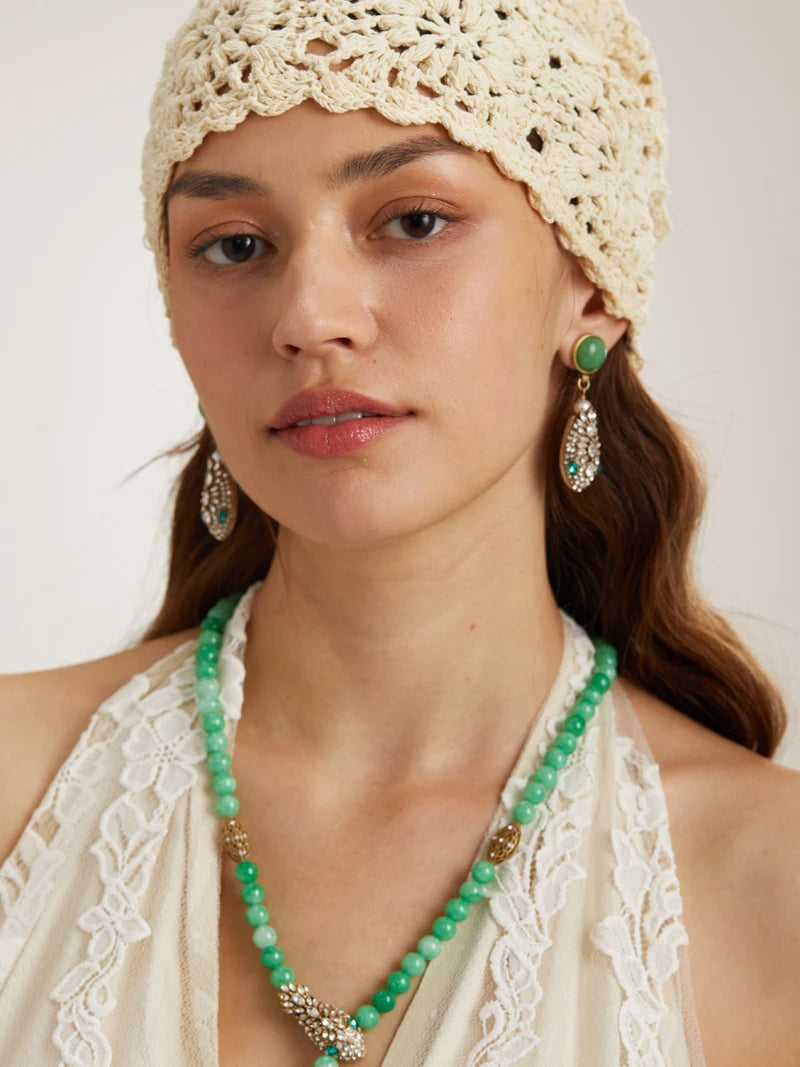 Vintage Snake Head Earrings – Green Crystal Drop