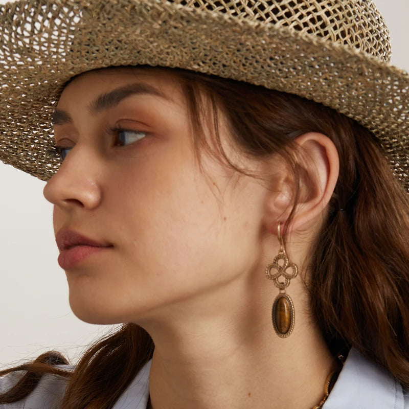 Vintage Tiger Eye & Knot Drop Earrings - Antique Gold & Luxury Designer Style