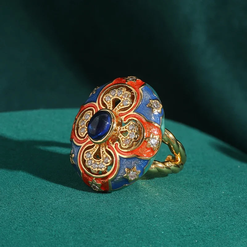 Retro Enamel Floral Ring – Vintage-Inspired European Elegance
