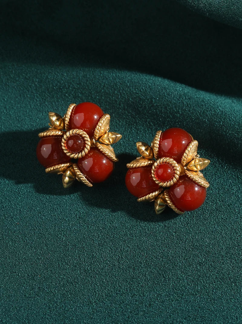 Art Deco Red Glazed Leaf Earrings – Triple Studs with Gold-Toned Floral Detail