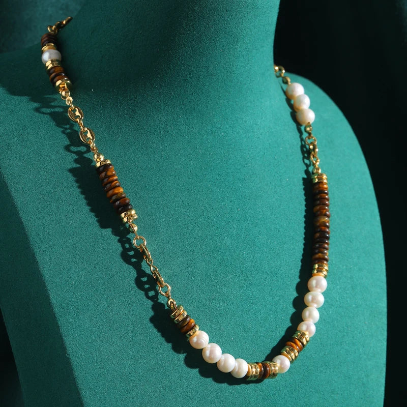 Vintage Pearl & Tiger Eye Beaded Choker Necklace