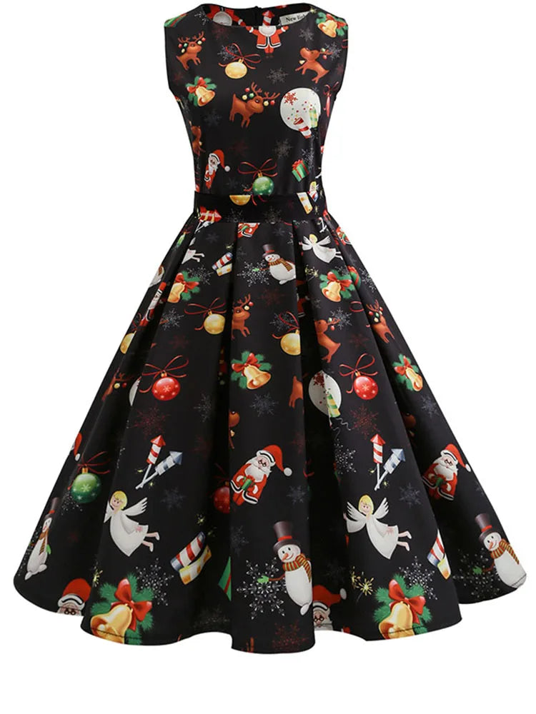 Vintage Christmas Print Dress — 1950s-Inspired