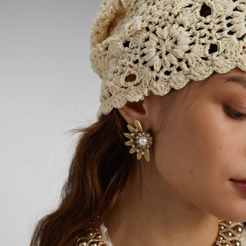 Vintage Half Daisy Pearl Earrings – Petal Sparkle & Feminine Grace